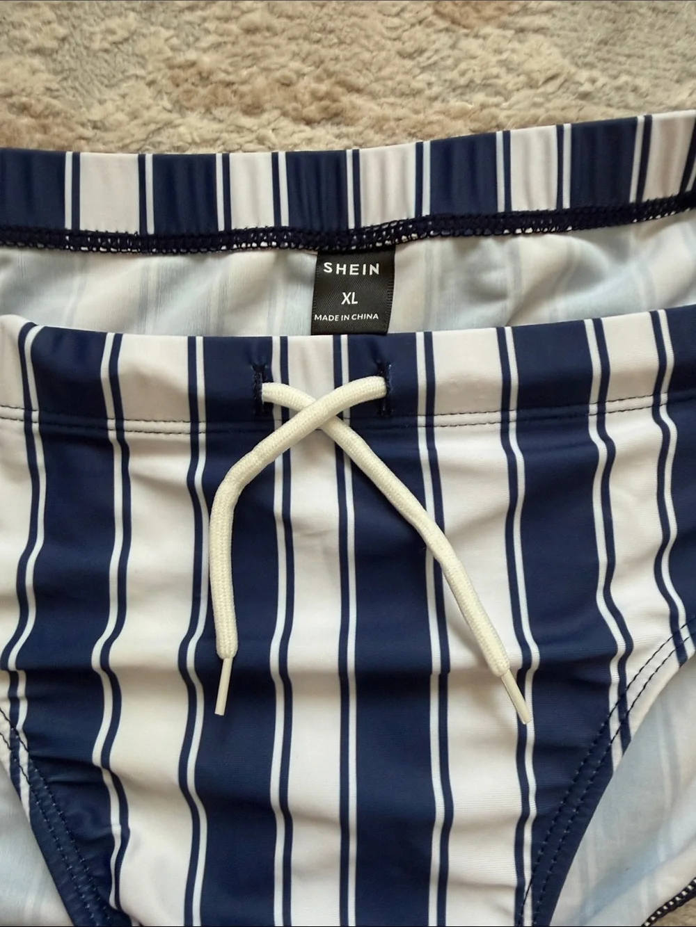 SHEIN Navy & White Striped Men’s Swim Briefs with Drawstring - Size XL